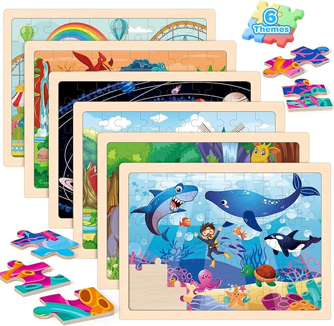 6 Packs Wooden Puzzles for Kids Ages 4-6, 60 Piece Wood Dinosaur Animals Jigsaw Puzzles for Toddlers Ages 3-5, Preschool Educational Learning Toys Gifts for 2 3 4 5 6 7 8 Boys Girls-CubbioJoy