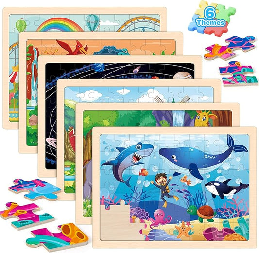 6 Packs Wooden Puzzles for Kids Ages 4-6, 60 Piece Wood Dinosaur Animals Jigsaw Puzzles for Toddlers Ages 3-5, Preschool Educational Learning Toys Gifts for 2 3 4 5 6 7 8 Boys Girls-CubbioJoy