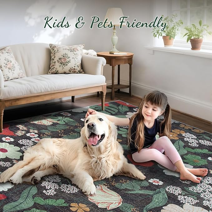 9x12 Area Rug for Living Room: Vintage Floral Washable Rug Soft Boho Non Slip Carpet Large Indoor Floor Non Shedding Low Pile Thin Carpets for Bedroom Dining Room Farmhouse Nursery Home Office Green-CubbioJoy