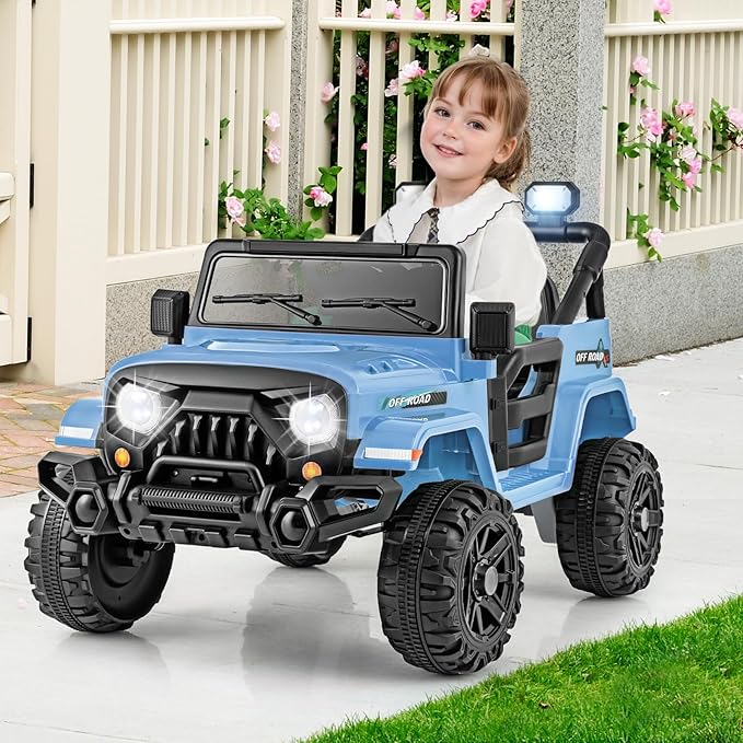 Costzon 12V Kids Ride on Truck Car, Electric Vehicle w/Remote Control, Threaded Wheels, 3 Speeds, LED Lights, Music, Horn & Wireless Connection, Battery Powered Ride on Toy for Boys & Girls 3+ (Blue)-CubbioJoy