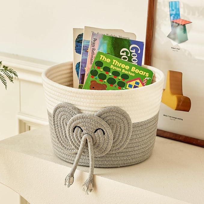 Adorable Small Elephant Cotton Rope Basket - Gift Empty Baskets - Toy Storage Basket, Woven Basket for Baby Essentials, Decorative Woven Basket for Nurseries and Playrooms (11"x7")-CubbioJoy