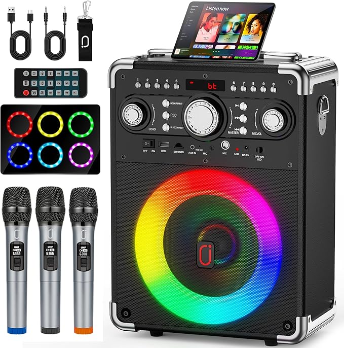 Karaoke Machine with 3 Wireless Microphones for Adults, Portable Bluetooth Party Speaker with Echo Adjustment, Singing Machine Support TWS/USB/TF Card/Guitar/TV Connected for Outdoor/Events etc-CubbioJoy