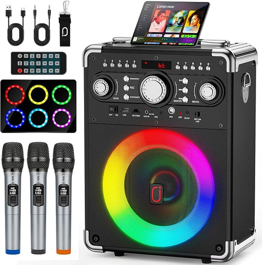 Karaoke Machine with 3 Wireless Microphones for Adults, Portable Bluetooth Party Speaker with Echo Adjustment, Singing Machine Support TWS/USB/TF Card/Guitar/TV Connected for Outdoor/Events etc-CubbioJoy