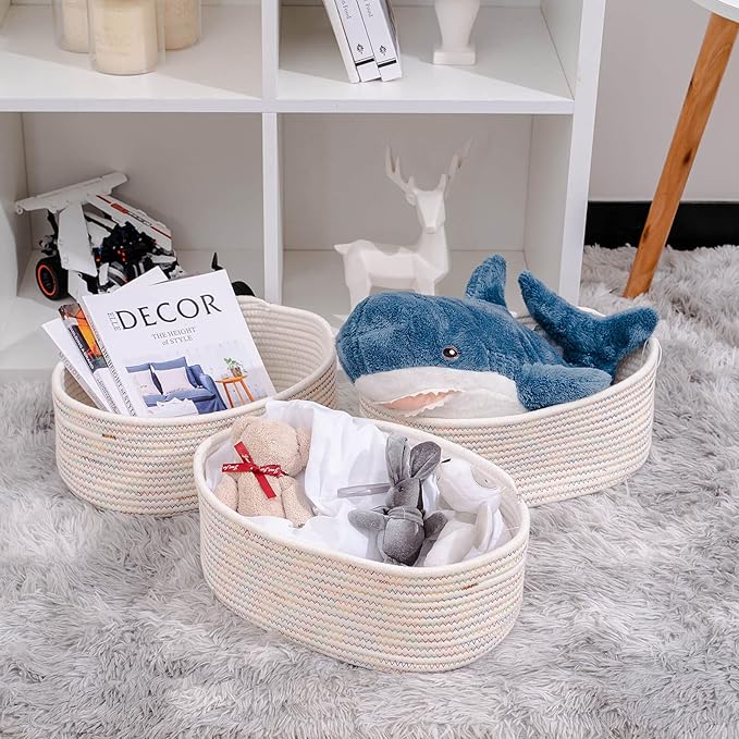 Baskets&Bins for Shelf Storage &Organizing/Cute Basket to Store and Organize Daily Items/Woven Rope Basket for Living Room, Bedroom,Playroom/Small Oval-13x8.66x5.11’’,3 Packs Rainbow-CubbioJoy