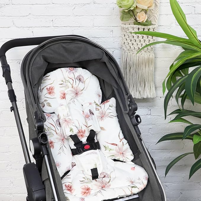 Infant Car Seat Insert and Strap Covers, Very Soft Car Seat Head Support Baby Girl Boy, Reversible Newborn Carseat Insert Cushion Fits for Stroller, Baby Swing, Bouncer (White Flower)-CubbioJoy