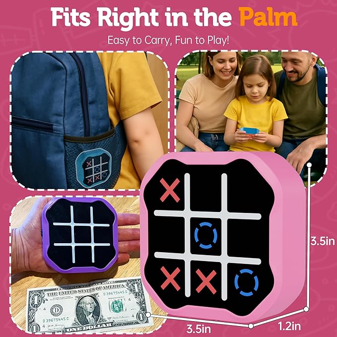 3 in 1 Electronic Tic Tac Toe Game, Handheld Digital Tic Tac Toe Bolt Game with Silent Mode, Portable Learing Toys Gift for Kids & Adults, Pink-CubbioJoy