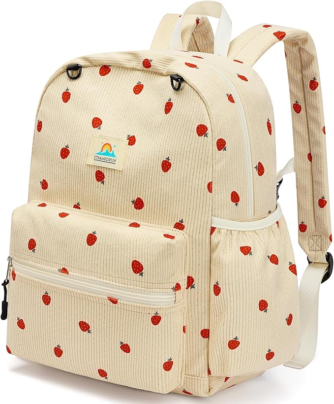 Corduroy Kids Backpack for Girls and Boys 5-8: Girls Backpack for Elementary Kindergarten - 15 inch Cute Backpacks for Kids - Strawberry-CubbioJoy