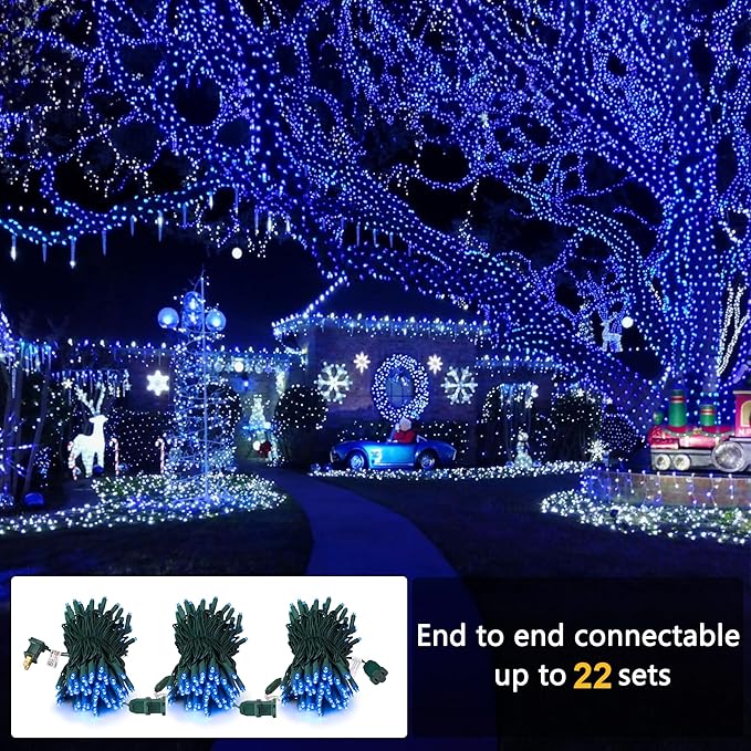Brizled Blue Christmas Lights, 33ft 100 LED 5MM Wide Angle Christmas Tree Lights, 120V UL Certified Mini String Light Connectable Outdoor Waterproof Blue Light for Xmas Room Party Decor, Green Wire-CubbioJoy
