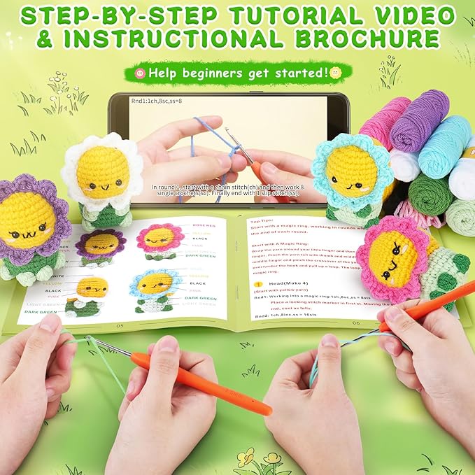 Crochet Kit for Beginners - 4PCS Flowers Complete Crochet Starter Kit with Step-by-Step Video Tutorials, Beginner Crochet Kits for Adults Kids Women, Flower Family Crocheting Set-CubbioJoy