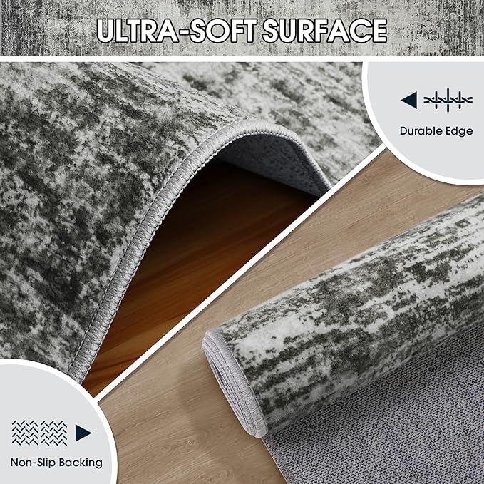 Area Rug 9x12 Washable Rugs: Abstract Large Living Room Rugs with Non-Slip Backing, Stain Resistant Indoor Floor Carpet for Bedroom Dining Room Table Nursery Hallway Home Office-Black/Gray-CubbioJoy