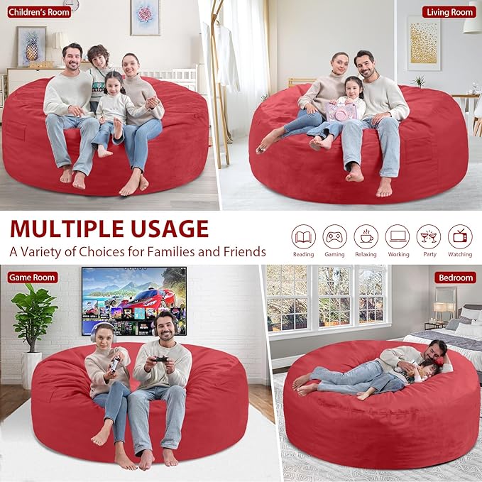 6FT Bean Bag Chair, Large Bean Bag Chairs with Memory Foam Filled, Fluffy Beanbag Sofa with Dutch Velvet Cover, Round BeanBag Chairs for Living Room, Playroom - Red-CubbioJoy