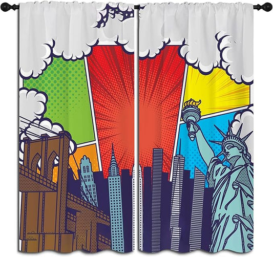 City Rod Pocket Blackout Curtains for Boy Girl Bedroom, Pop Art Style New York Cityscape Thermal Insulated Home Window Drapes for Living Room Darkening, 72x63 inch-CubbioJoy
