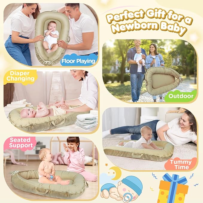 Baby Lounger - Baby Lounger for Newborn 0-24 Months, Breathable & Soft Cotton and Velvet Cover Baby Nest, Portable Tummy Time Lounger for Home and Travel, Ideal Baby Essentials & Shower Gifts-CubbioJoy