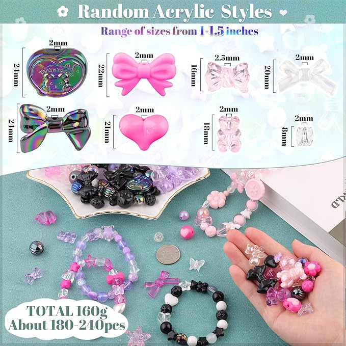 Assorted 180-240PCS Acrylic Beads for Bracelet Making,Flower Bow Butterfly Candy GummyBear Kawaii Aesthetic Bracelet Charms, Cute Beads for Jewelry Making Necklace Keychain Phone Charms DIY-CubbioJoy