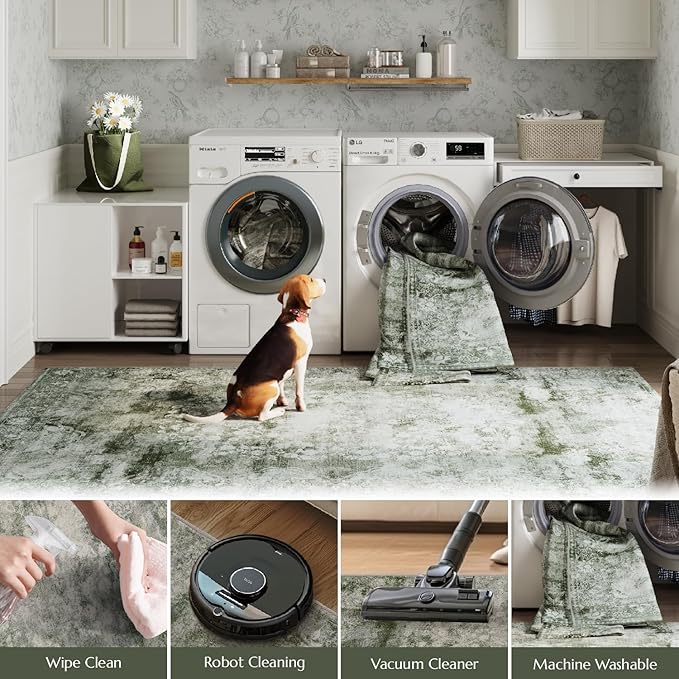 jinchan Hallway Runner Rug 2x10 Vintage Floral Distressed Design - Machine Washable Non-Slip Low-Pile Soft Thin Faux Wool Kitchen Carpet for Farmhouse Bedroom Laundry Room (2x10ft, Forest Green)-CubbioJoy