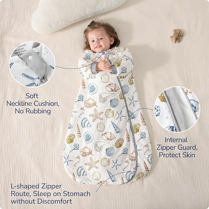 Baby Sleep Sack 3-6 Months, Cotton Detachable Long Sleeve Sleep Sack, 2.5 Tog Toddler Sleeping Sack with Temperature Strips, 2-Way Zipper Wearable Blankets for Newborns, Ocean-CubbioJoy