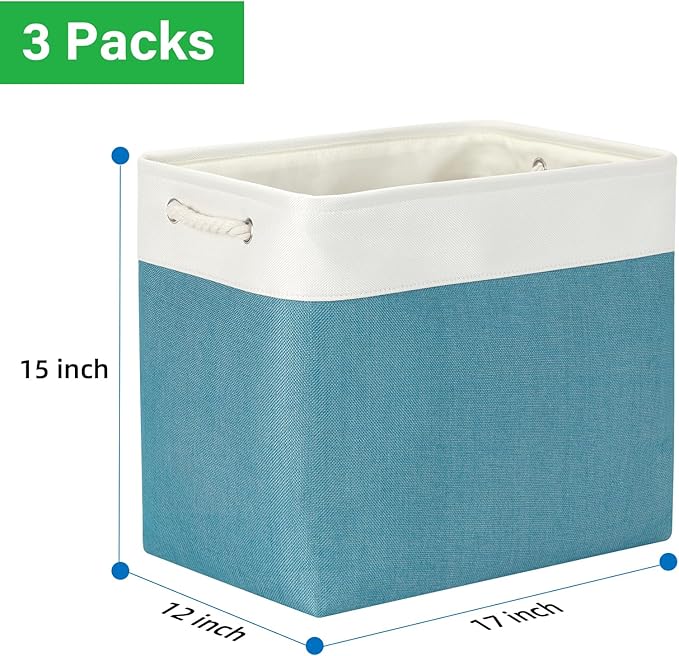 Bidtakay Extra Large Storage Baskets for Shelves 3 Pack Fabric Storage Bins for Organizing Linen Collapsible Organizer for Closet-White&Teal-CubbioJoy