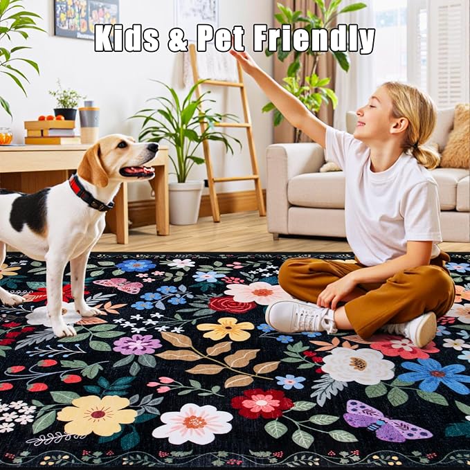 6x9 Area Rugs for Living Room: Floral Washable Rug Vintage Large Soft Boho Non-Slip Carpet Indoor Floor Stain Resistant Thin Carpets for Bedroom Dining Room Farmhouse Nursery Hallway Home Office Black-CubbioJoy