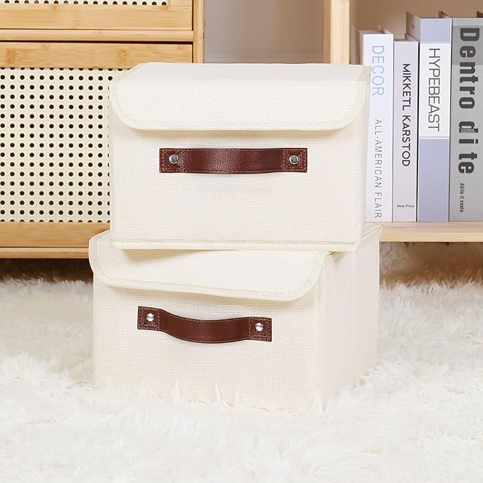 ANMINY 2PCS Storage Bins with Lid PU Leather Handles Storage Boxes PP Plastic Board Decorative Foldable Lidded Cotton Linen Fabric Home Cubes Baskets Closet Organizer Containers - Beige, Small Size-CubbioJoy