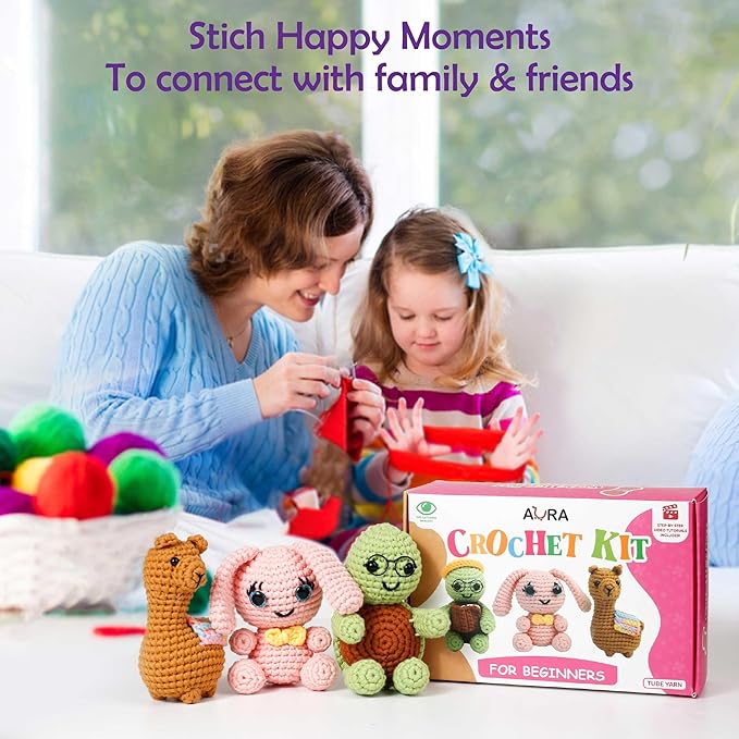 A-URA Learn to Crochet Kit for Beginners Kids and Adults, Premium 3 Animal Pattern Large Size Beginner Crochet Kits with Easy Tube Yarn & Step-by-Step Video Tutorials (Safari Friends–Larger Plushies)-CubbioJoy