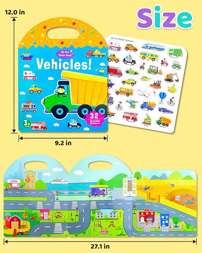 Benresive Reusable Sticker Book for Toddlers 2-4 Years, Fun Travel Stickers for Kids, Waterproof Sticker Books for Toddlers 1-3, Crafts Activities for Todddlers 1-3 2-4 3-5 - Transport-CubbioJoy