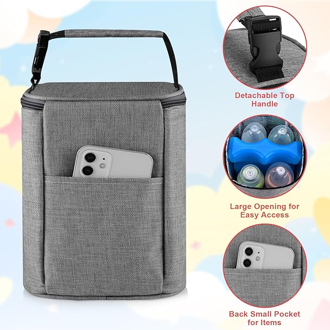 Accmor Breastmilk Cooler Bag with Ice Pack, Baby Bottle Cooler Bags, Insulated Tote Bags On The Go, Fits 4 Large 8oz Bottles, for Nursing Mom Daycare Travel, Grey-CubbioJoy