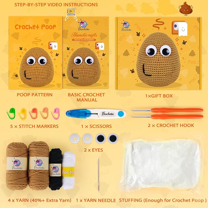 Crochetta Crochet Kit for Beginners, Crochet Kit w Step-by-Step Video Tutorials, Crochet Starter Kit Learn to Crochet Kits for Adults Kids Beginners, Crochet Poop (40%+ Yarn)-CubbioJoy