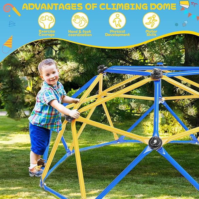 Climbing Dome, 6FT Geometric Dome Climber for Kids, Kids Indoor Outdoor Jungle Gym Supports 600lbs, Easy Assembly Playground Jungle Gym Backyard Play Equipment, Yellow+Blue-CubbioJoy