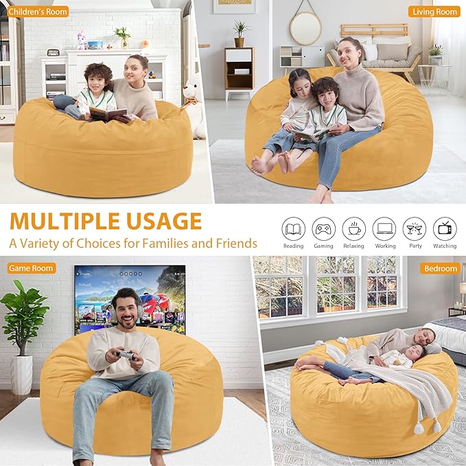 3FT Bean Bag Chair, Comfy Bean Bag Chairs with Memory Foam Filled, Fluffy Beanbag Sofa with Dutch Velvet Cover, Round BeanBag Chairs for Living Room, Playroom - Mustard-CubbioJoy