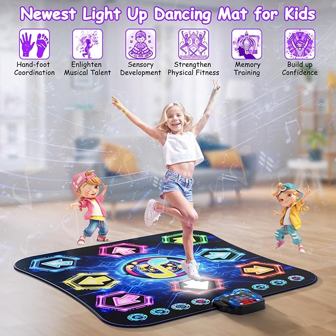 2025 Upgraded Dance Mat Toys for 3-12 Year Old Kids, Electronic Dance Pad with Light-up 8-Button Wireless Bluetooth, Music Dance with 27 Game Levels, Christmas Birthday Toy Gifts for Girls Boys-CubbioJoy