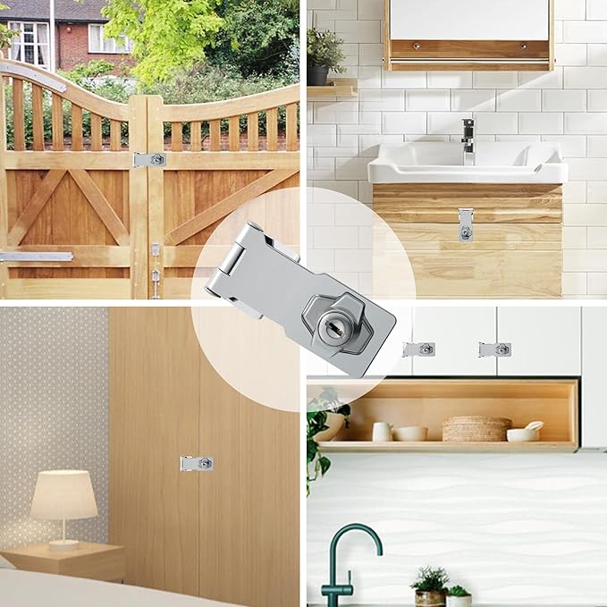 Alise Keyed Hasp Lock,3 Inch Safety Packlock Clasp Hasp Lock Latch with Lock,Door Hinge Lock with Keys Keyed Locking Hasp for Cabinets Closets Doors,Chrome-CubbioJoy