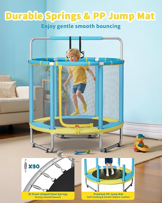 55” Trampoline for Kids, Powder-Coated Mini Trampoline for Toddlers, Indoor Outdoor Toys with Adjustable Gymnastics Bar, Swing, Basketball Hoop, Birthday Gifts for Boys & Girls Ages 1-8-CubbioJoy