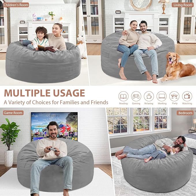 4FT Bean Bag Chair, Large Bean Bag Chairs with Memory Foam Filled, Fluffy Beanbag Sofa with Dutch Velvet Cover, Round BeanBag Chairs for Living Room, Playroom - Light Grey-CubbioJoy