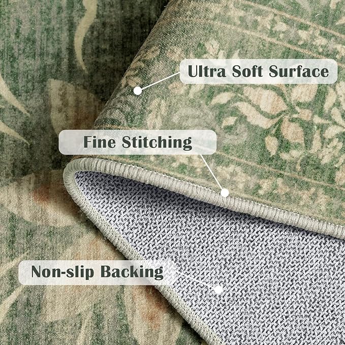 jinchan Vintage Floral Runner Rug 2x6 - Machine Washable Distressed Design Non-Slip Low-Pile Soft Thin Carpet for Hallway Kitchen Farmhouse Bedroom Entryway Laundry Room (2x6ft,Dark Green)-CubbioJoy