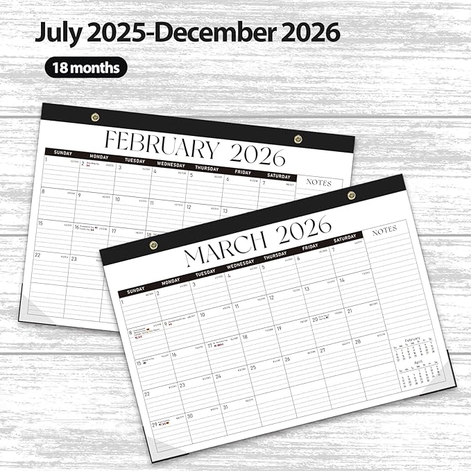 Desk Calendar 2025-2026, Monthly Desktop Large Calendar Runs Until December 2026 17" x 12" Desk Wall Planner for Family Office Teacher School, Black-White-CubbioJoy
