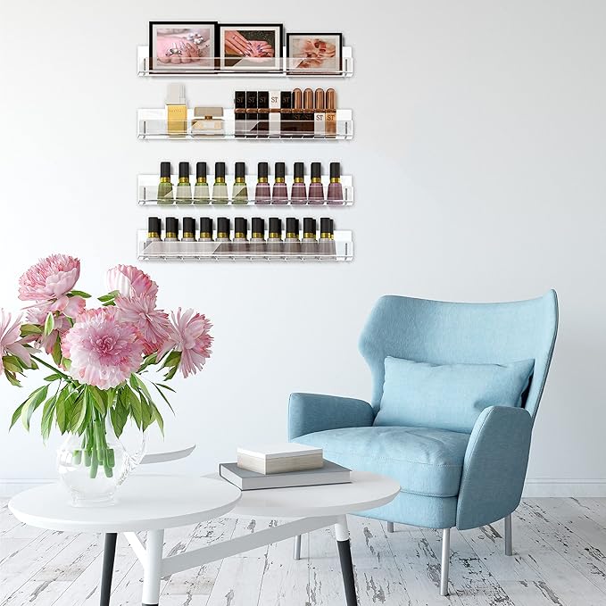 4 Pack 15 Inch Clear Acrylic Shelves, Clear Kids Floating Bookshelf for Kids Room, Modern Nail Polish Rack Sunglasses Essential Oil Picture Ledge Display Toy Storage Wall Shelf-CubbioJoy