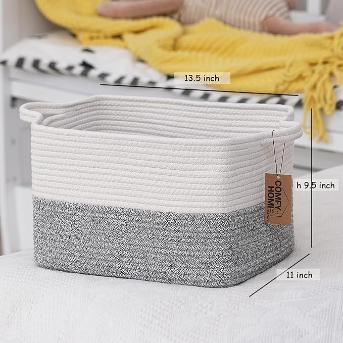 COMFY-HOMI 3-Pack Cotton Rope Woven Basket with Handles for Shelves, Book, Cloth Basket|Dog Toy Basket for Organizingy|13.5" x 11" x 9.5" for Bedroom（White/Grey）-CubbioJoy