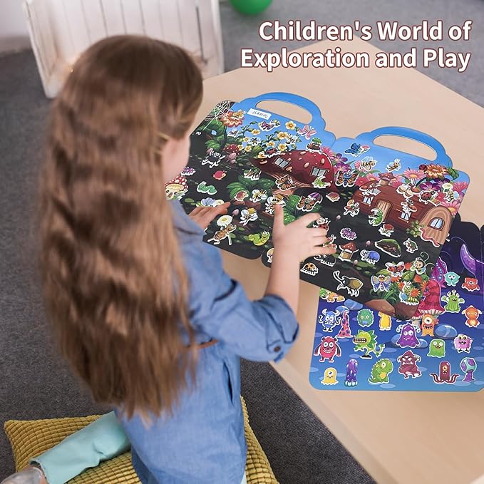 6Set Reusable Sticker Books for Kids 1-3 2-4 Years Old, 3D Puffy Stickers Books for Toddlers,Monster+Insects+Forest+Desert+Polar+Amusement Park-CubbioJoy