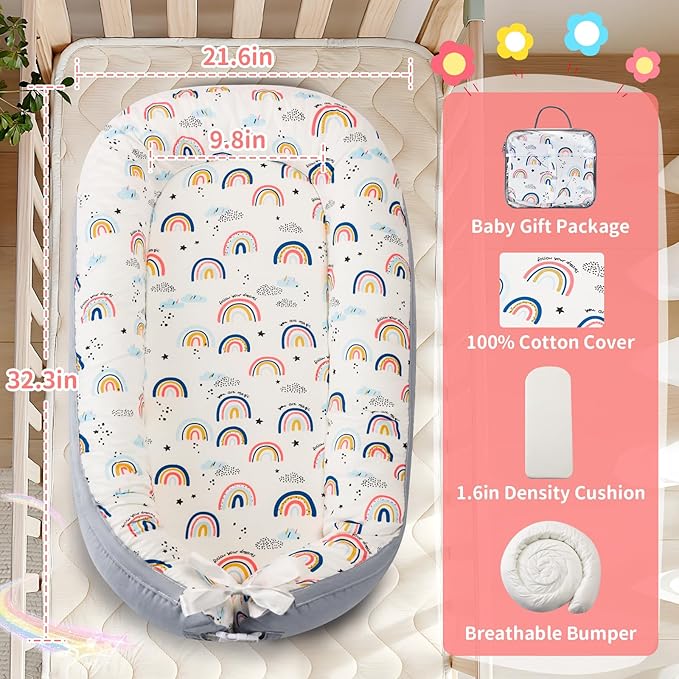 Baby Lounger- Baby Nest for 0-24 Months, Ultra Soft Organic Cotton Breathable & Portable Baby Lounger, Baby Lounger Pillow for Newborn-CubbioJoy