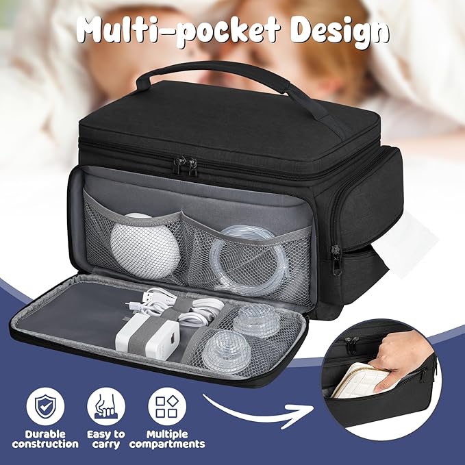 Breast Pump Bag for Spectra S1 S2, Pumping Bag with Waterproof Mat for Pumps Accessories, Portable Pump Carrying Case for Work, Travel and Family Use, Black-CubbioJoy