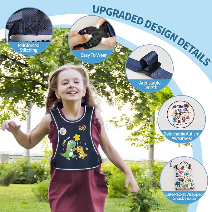 2025 New Safety Walking Harness for Big Kids (6-12yrs) with Autism Special Needs ADHD, Anti-Elopement Vest Harness with Grab Handle and Light Reflector, Adjustable Leash for Autistic, Active Child-CubbioJoy