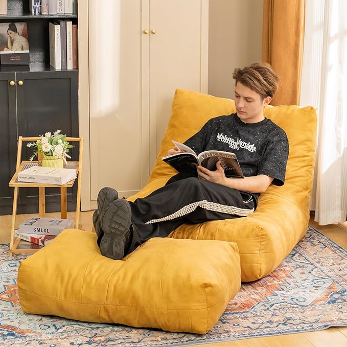 Bean Bag Chair with Ottoman, Comfy Bean Bag Sofa with Memory Foam, Lazy BeanBag Sofa with Footstool, Fireside Bean Bag Couch for Living Room, Bedroom, Apartment-CubbioJoy