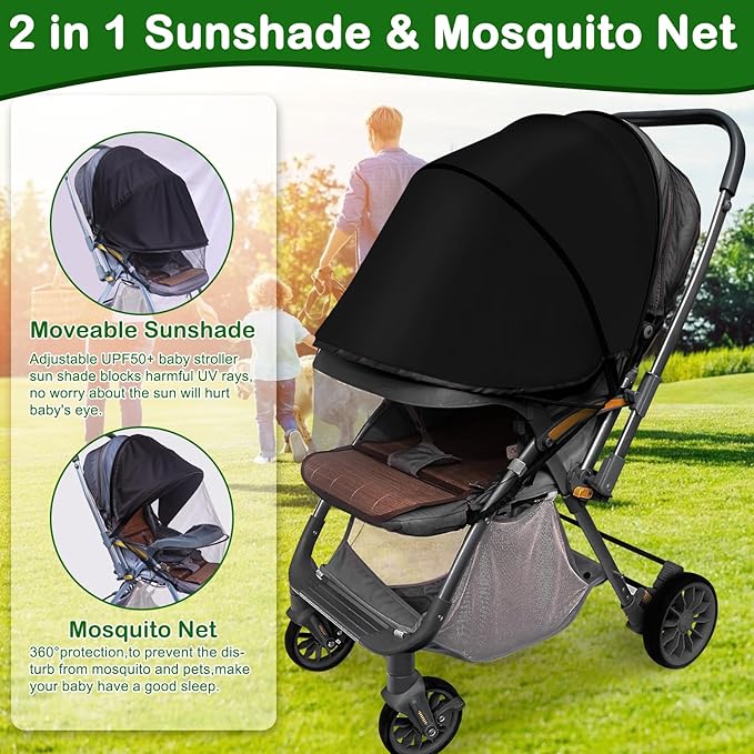 Baby Mosquito Net for Stroller Sun Shade, 2-in-1 Stroller Cover for Sun Protection with Two-Way Zipper and Storage Bag, Breathable Strollers Bug Net Suitable for Bassinet, Cradle, Car Seat – Black-CubbioJoy