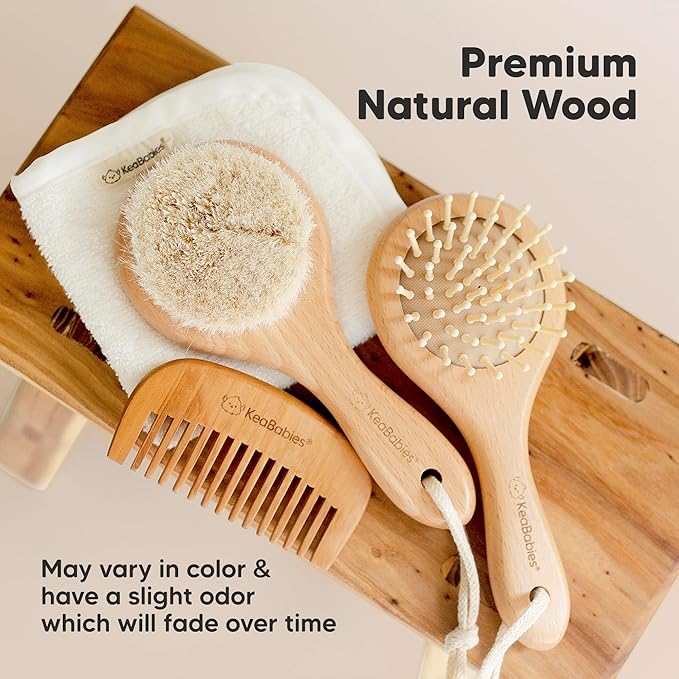 Baby Hair Brush and Comb Set for Newborn - Wooden Baby Hair Brush Set with Soft Goat Bristle, Baby Brush Set for Newborns, Baby Brush and Comb Set Girl, Boy, Toddler Cradle Cap Brush (Round, Walnut)-CubbioJoy