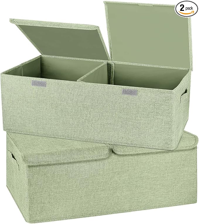2 Pack Storage Boxes with Lids and Handles, Collapsible Linen Storage Bins Organizer Containers Baskets Cube with Removable Divider for Home Bedroom Closet Office (Green, Small)-CubbioJoy
