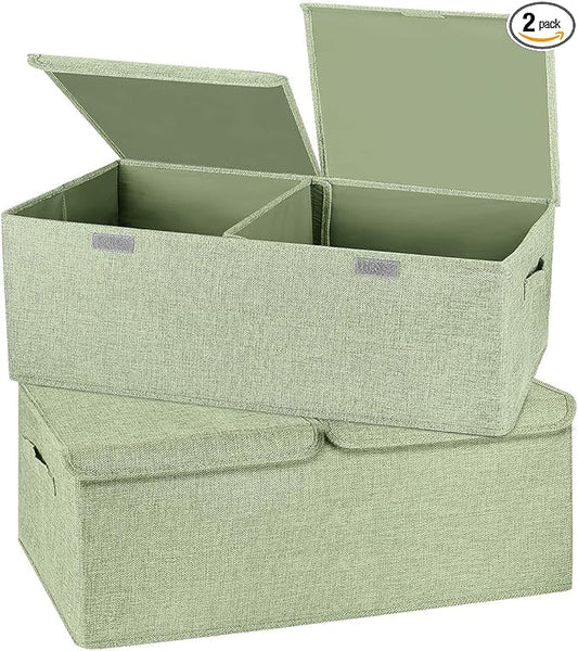 2 Pack Storage Boxes with Lids and Handles, Collapsible Linen Storage Bins Organizer Containers Baskets Cube with Removable Divider for Home Bedroom Closet Office (Green, Small)-CubbioJoy