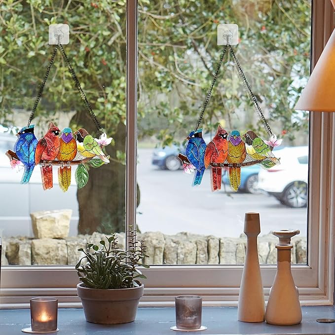 2 Pack Stained Glass Window Hanging - Hummingbird Decorations Suncatcher Hand-Painted Double Sided Birds on A Branch Sun Catcher for Window Home Decor Gifts for Mom,Bird Lovers-CubbioJoy