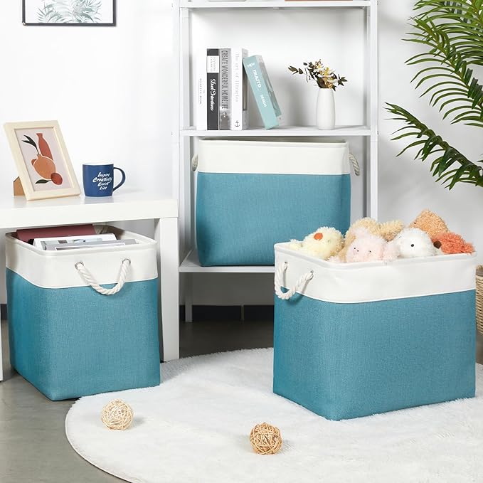 Bidtakay Extra Large Storage Baskets for Shelves 3 Pack Fabric Storage Bins for Organizing Linen Collapsible Organizer for Closet-White&Teal-CubbioJoy