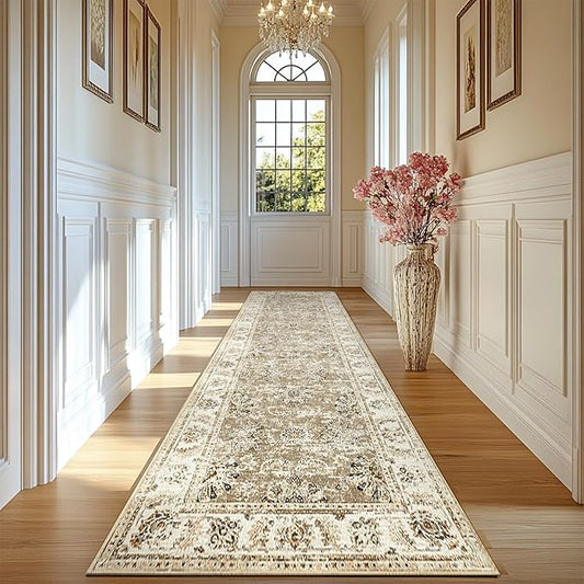 jinchan Long Hallway Runner Rug 2x12 Machine Washable Runner Rug Taupe Vintage Floral Design Non-Slip Ultra-Thin for Kitchen Laundry Room Bedroom Farmhouse (2‘x12',Taupe)-CubbioJoy