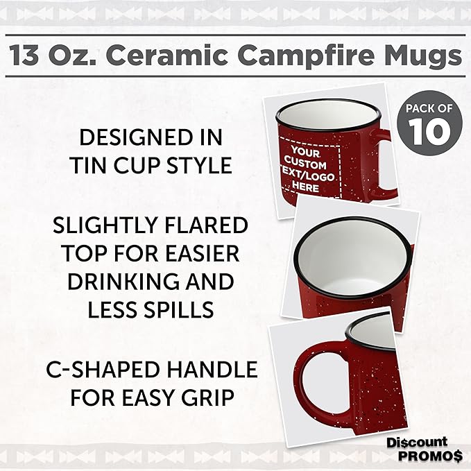 DISCOUNT PROMOS Custom Ceramic Campfire Coffee Mugs 13 oz. Set of 10, Personalized Bulk Pack - Perfect for Tea, Espresso, Cappuccino, Hot Cocoa - Red-CubbioJoy